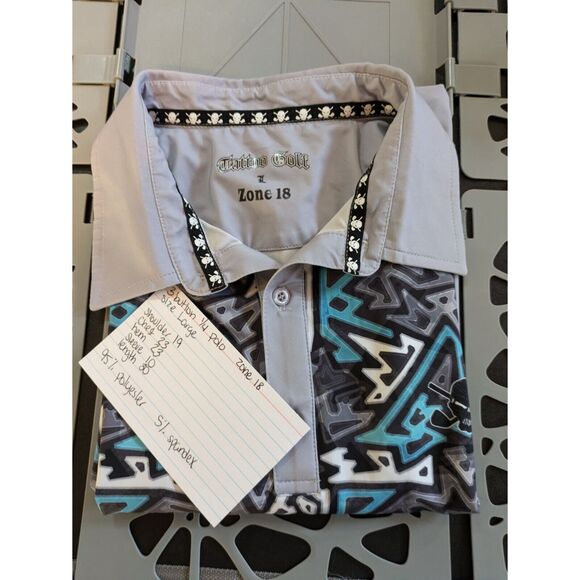 Tattoo Golf Men's L Polo Zone 18 Gray Blue Geometric Design Performance Active - Picture 2 of 11